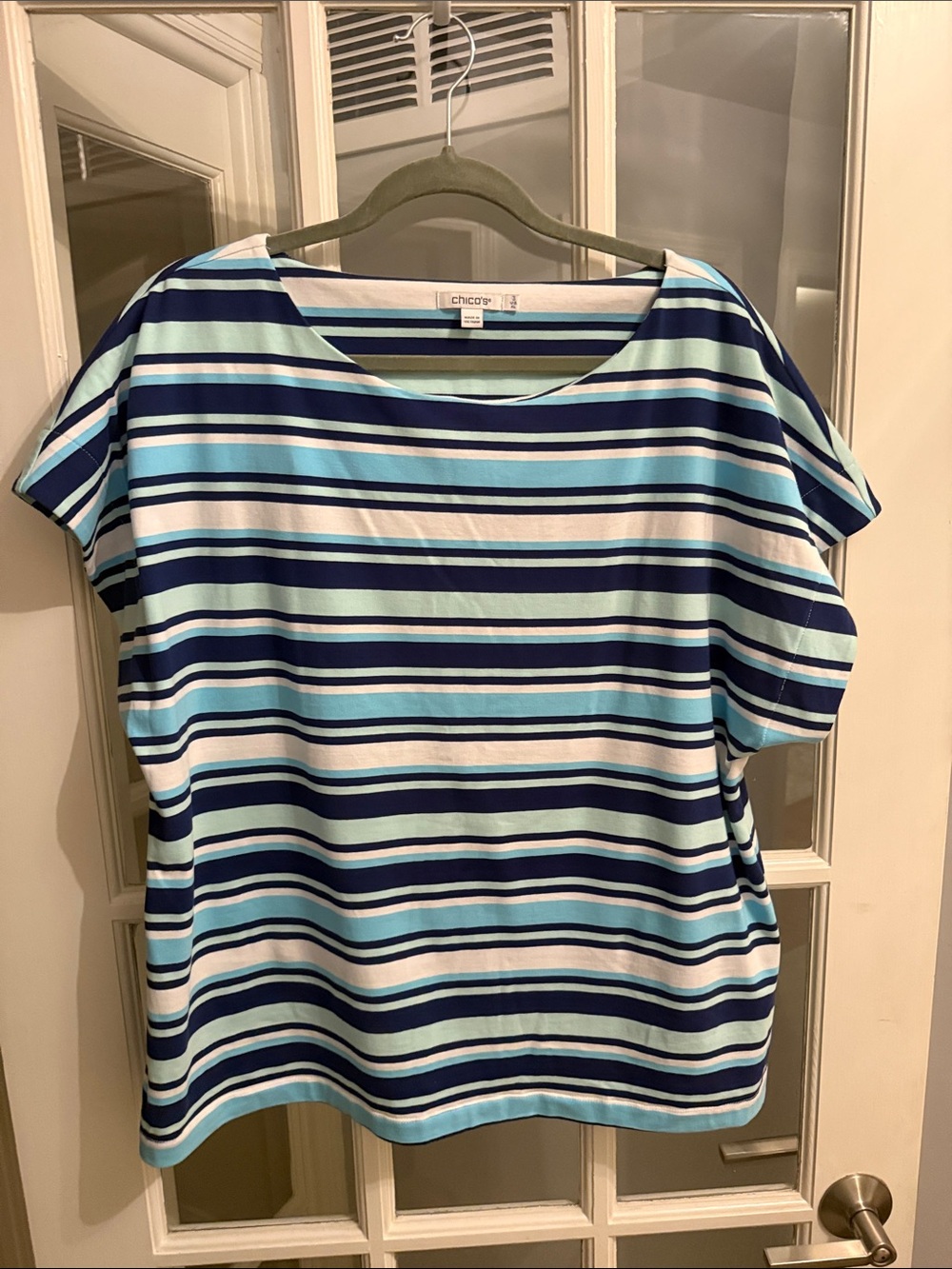 Chico's Navy, Light Blue & White Striped boat neck Top